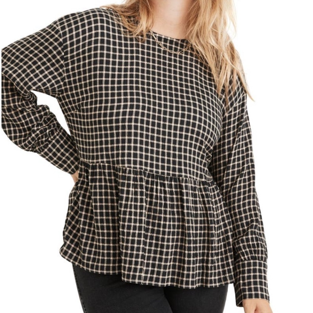 Madewell peplum windowpain plaid button up back long sleeve top black xxs